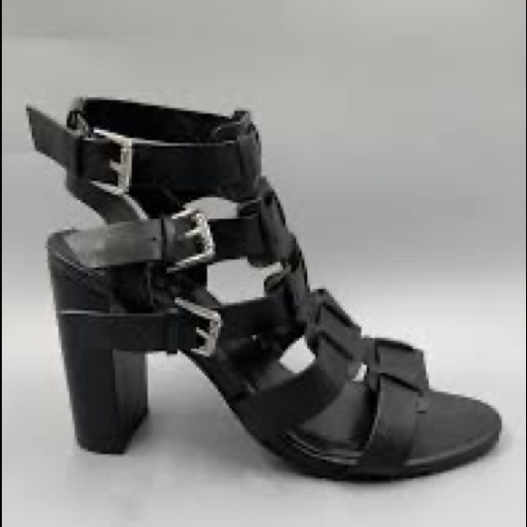 Sandals heels black caged sprappy buckle open toe. - Picture 1 of 5